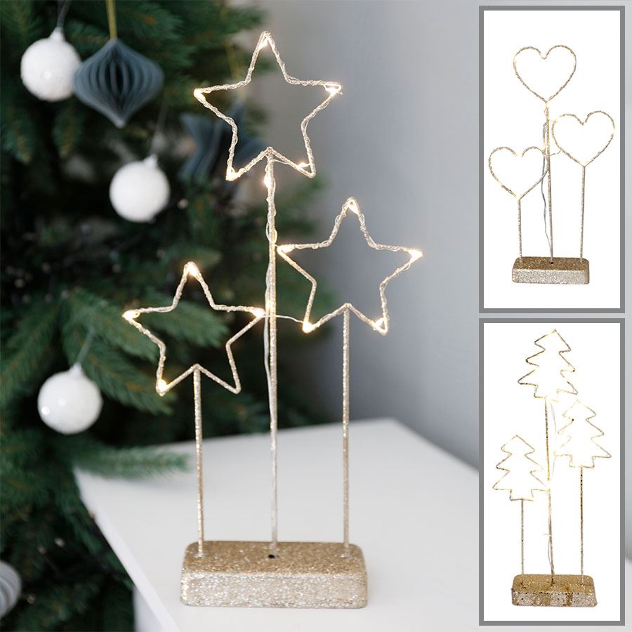 Weihnachtliche LED-Drahtdeko mit 15 Gold/Glitzer Lichtern warmweißen